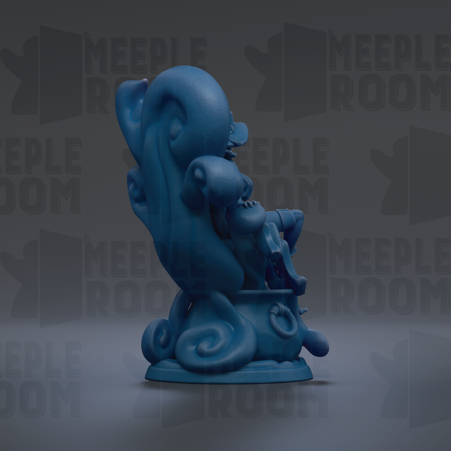A blue, abstract sculpture resembling a sea creature or octopus, sitting on a base and facing to the right.