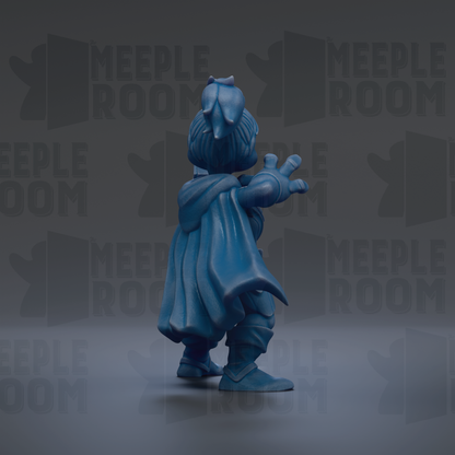 A blue figurine of a person standing in a dark background with the text "MEEPLE ROOM" repeated multiple times.