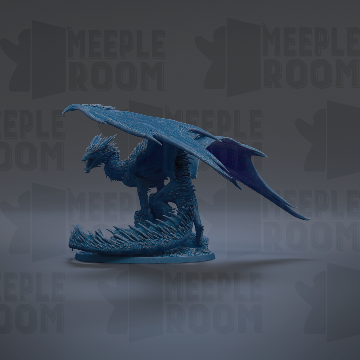 A blue dragon figurine with a large, sharp wing is the main focus of the image.
