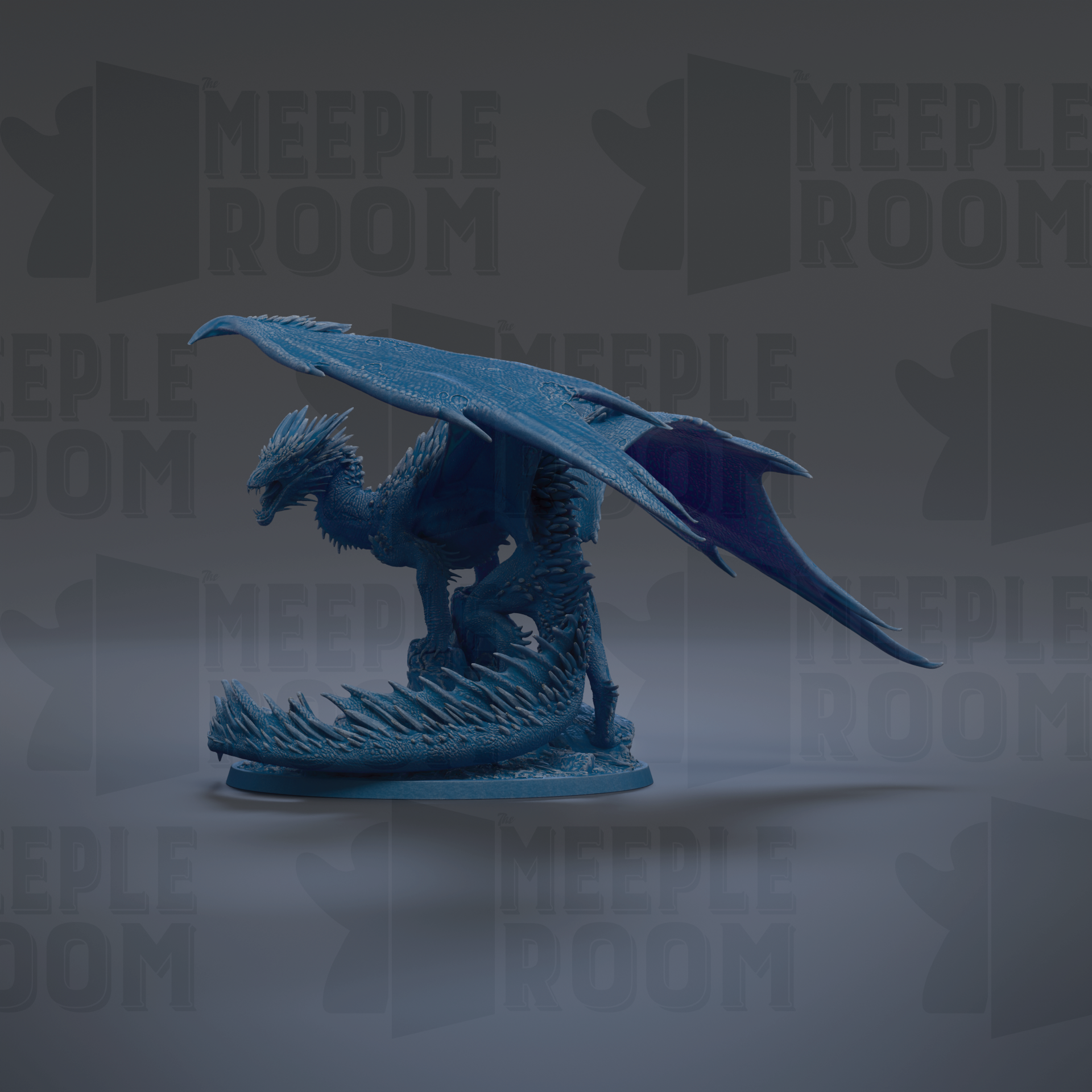 A blue dragon figurine with a large, sharp wing is the main focus of the image.