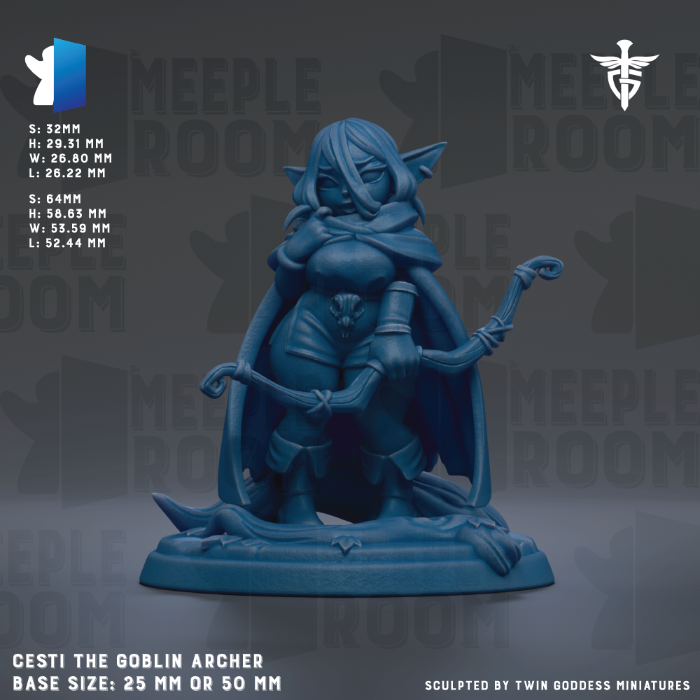 The image is a figurine of a character named Cesti the Goblin Archer, which is a small, blue-colored fantasy character with a bow and arrow. The figurine is described as a base size of 25mm or 50mm, and it is sculpted by Twin Goddess Miniatures.