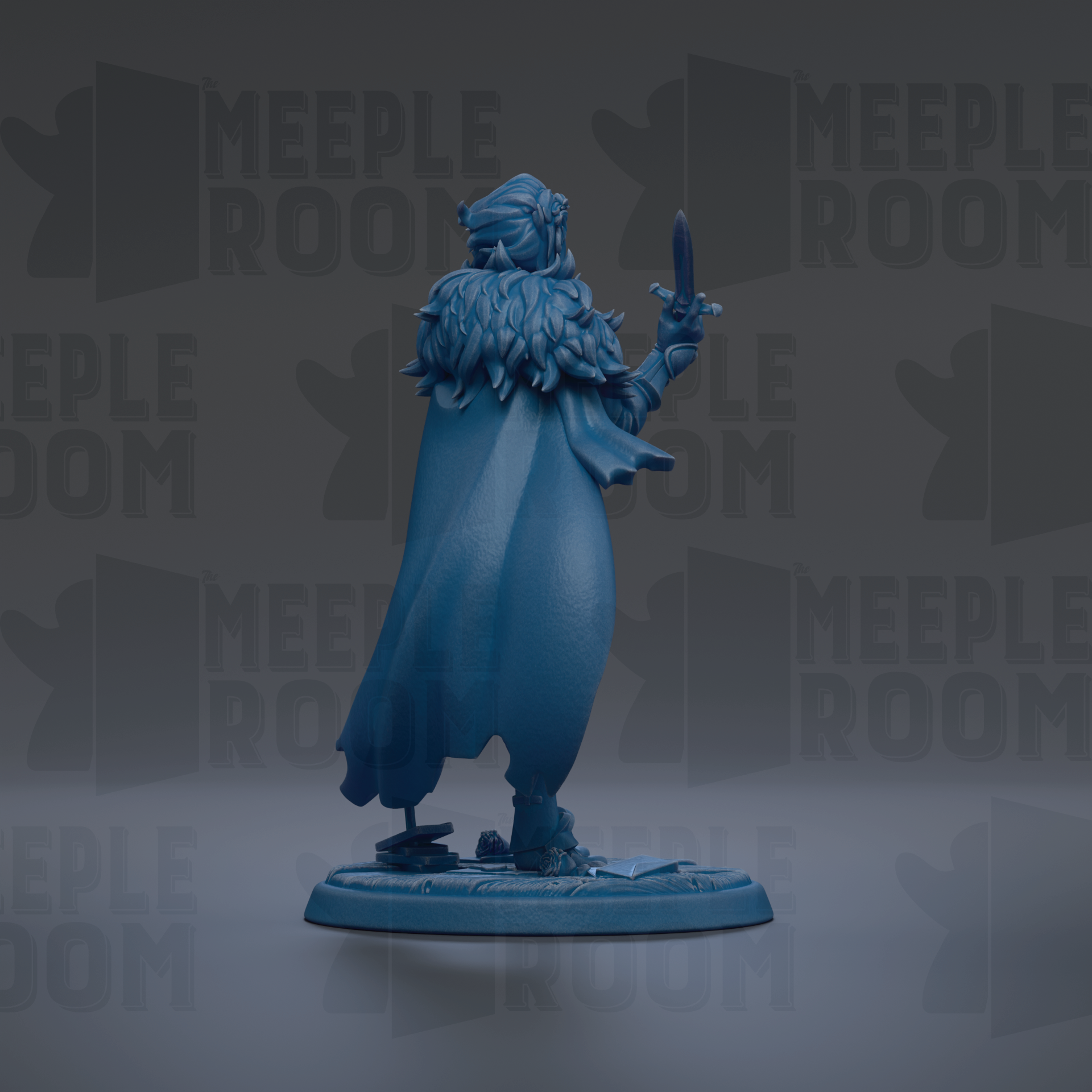 A blue figurine of a person holding a sword and shield, standing on a base.
