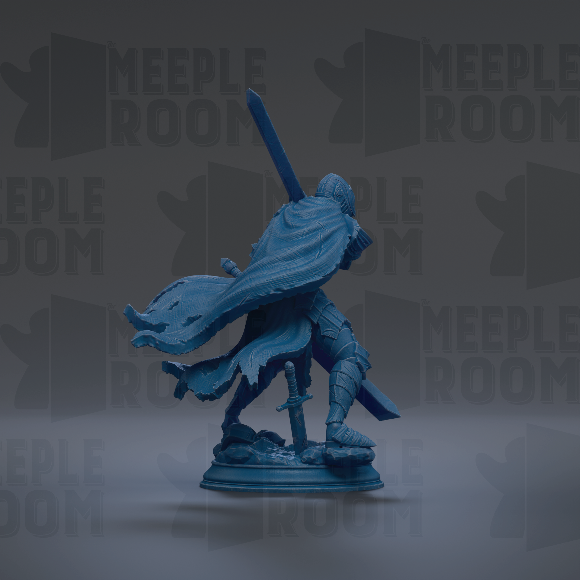 A blue statue of a warrior figure holding a sword and shield, standing on a pedestal.