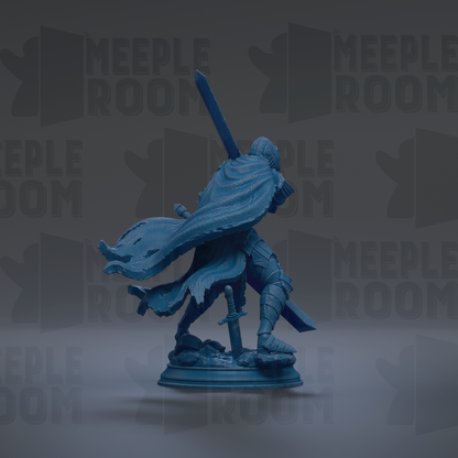 A blue statue of a warrior figure holding a sword and shield, standing on a pedestal.