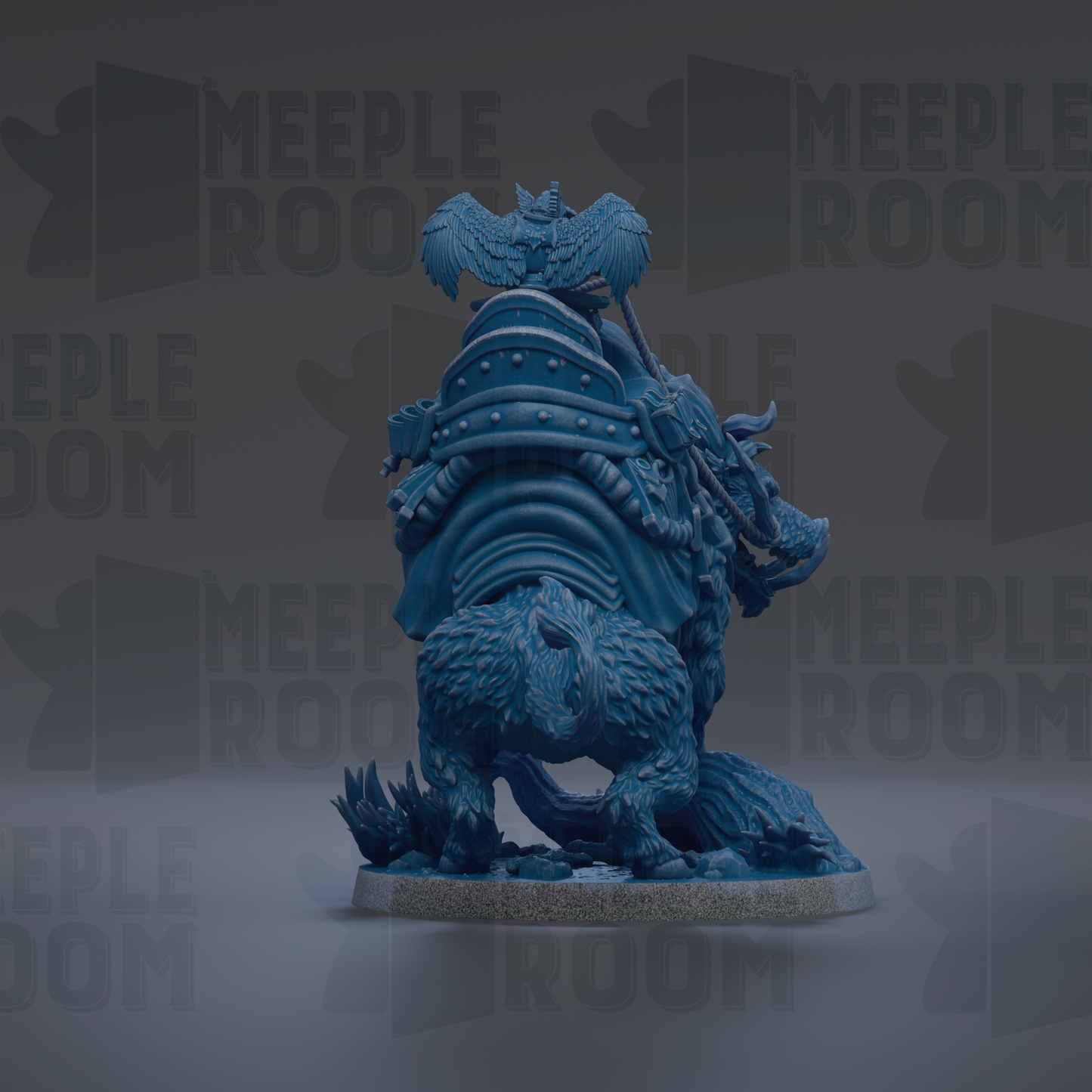 A 3D rendering of a blue, fantastical creature with wings and a tail, standing on a platform.