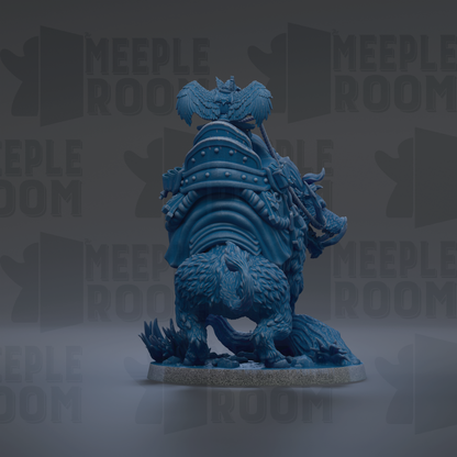A 3D rendering of a blue, fantastical creature with wings and a tail, standing on a platform.