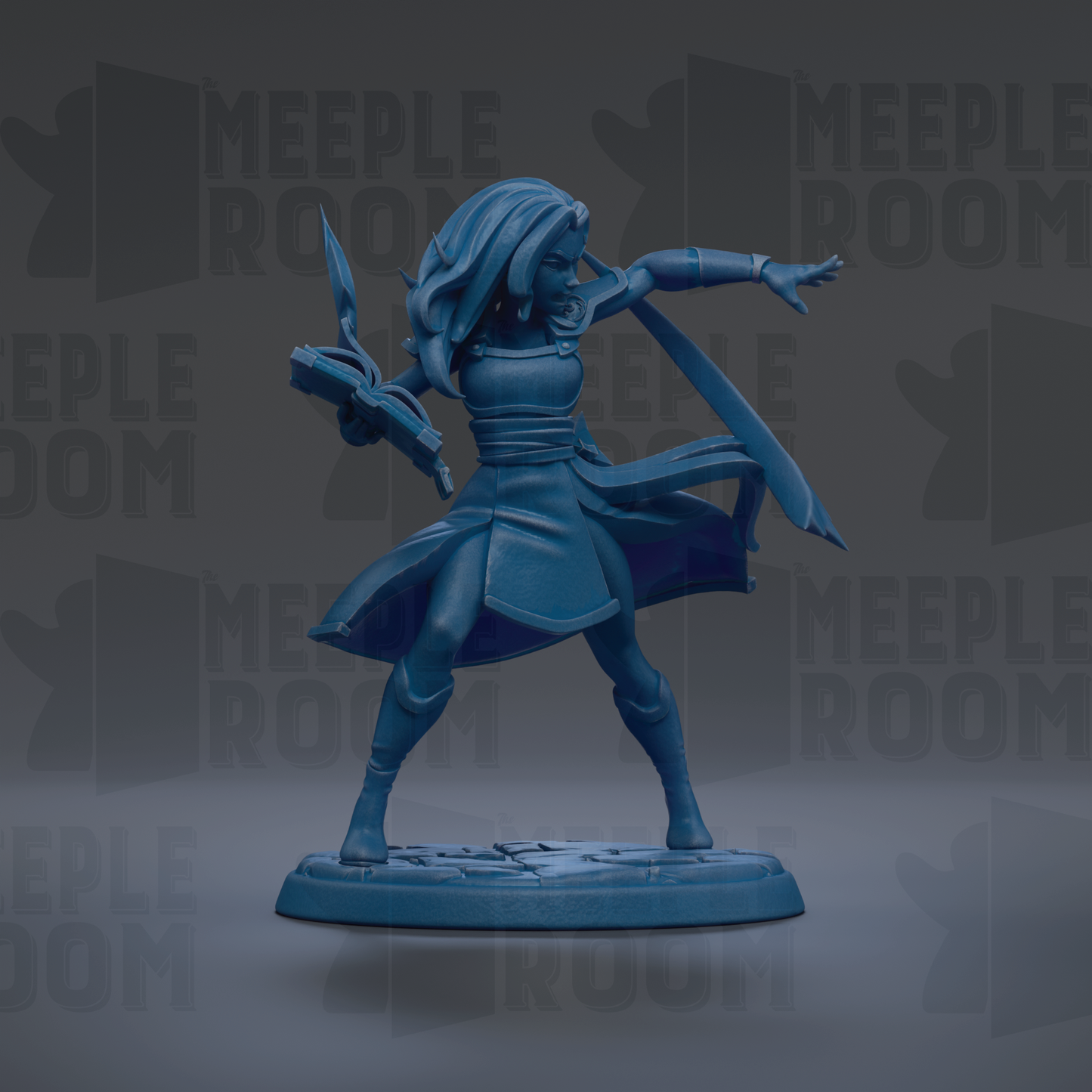 A blue figurine of a female character with long hair and a flowing skirt, holding a weapon and standing on a platform.