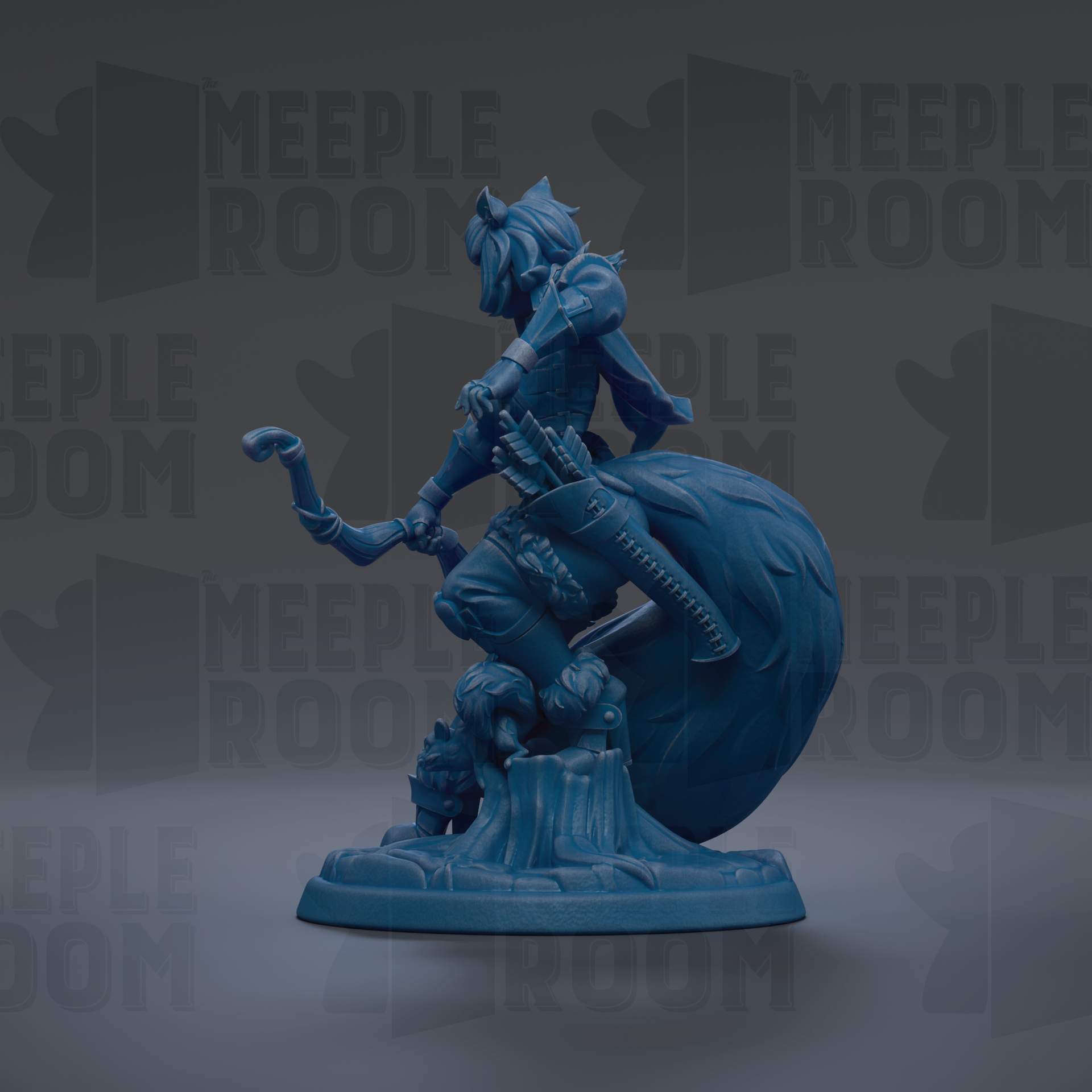 A blue figurine of a character with a long tail, holding a weapon, standing on a pedestal against a dark background with repeated text.