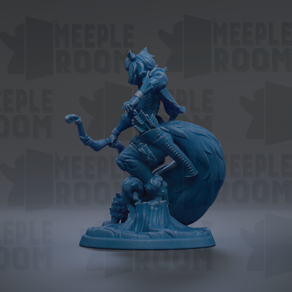 A blue figurine of a character with a long tail, holding a weapon, standing on a pedestal against a dark background with repeated text.