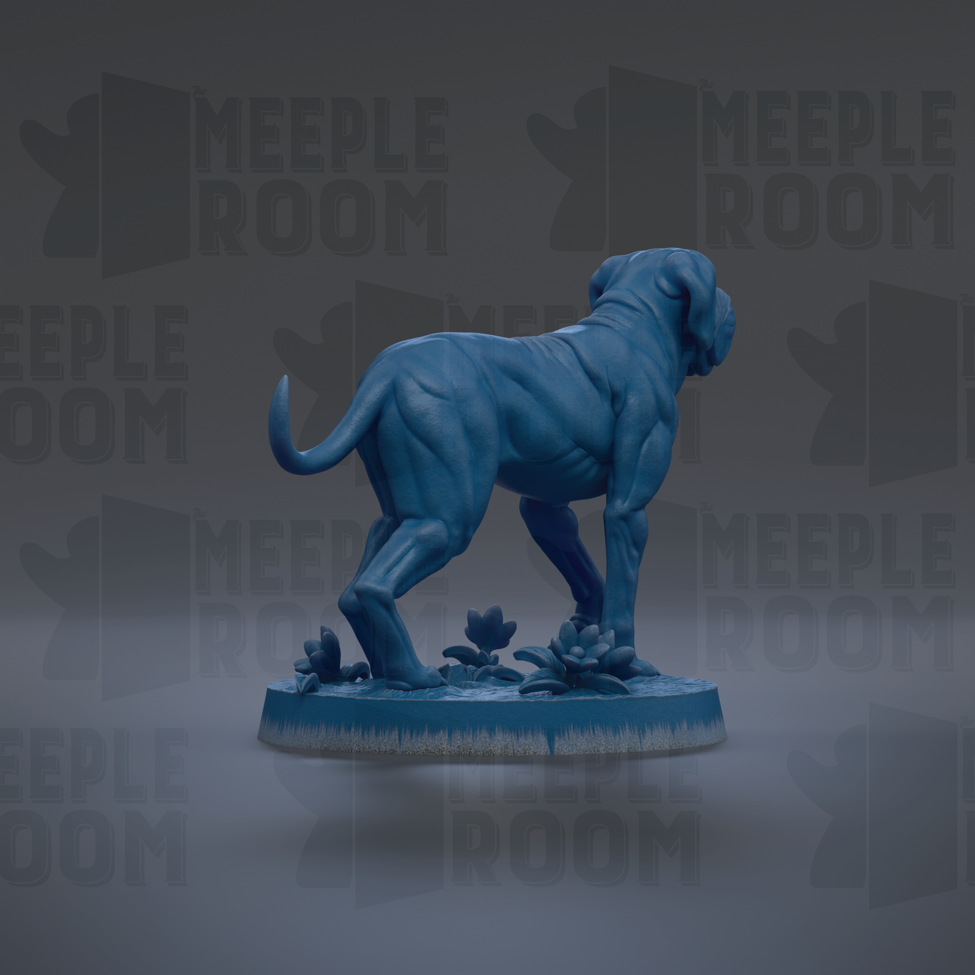 A blue dog statue is displayed on a blue base with flowers, against a gray background with repeated "MEIPLE ROOM" text.