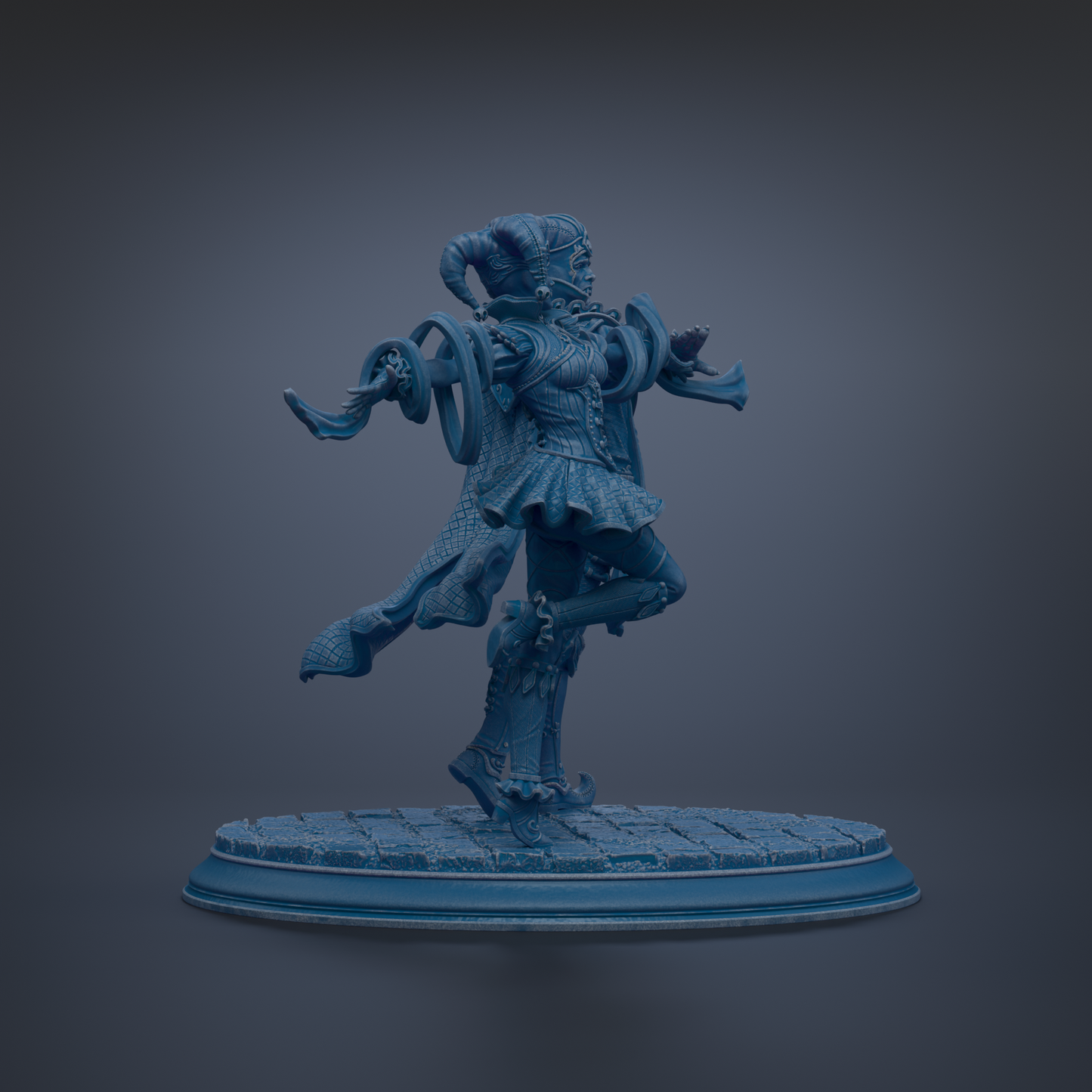 A blue statue of a figure with horns and a flowing skirt, standing on a pedestal.