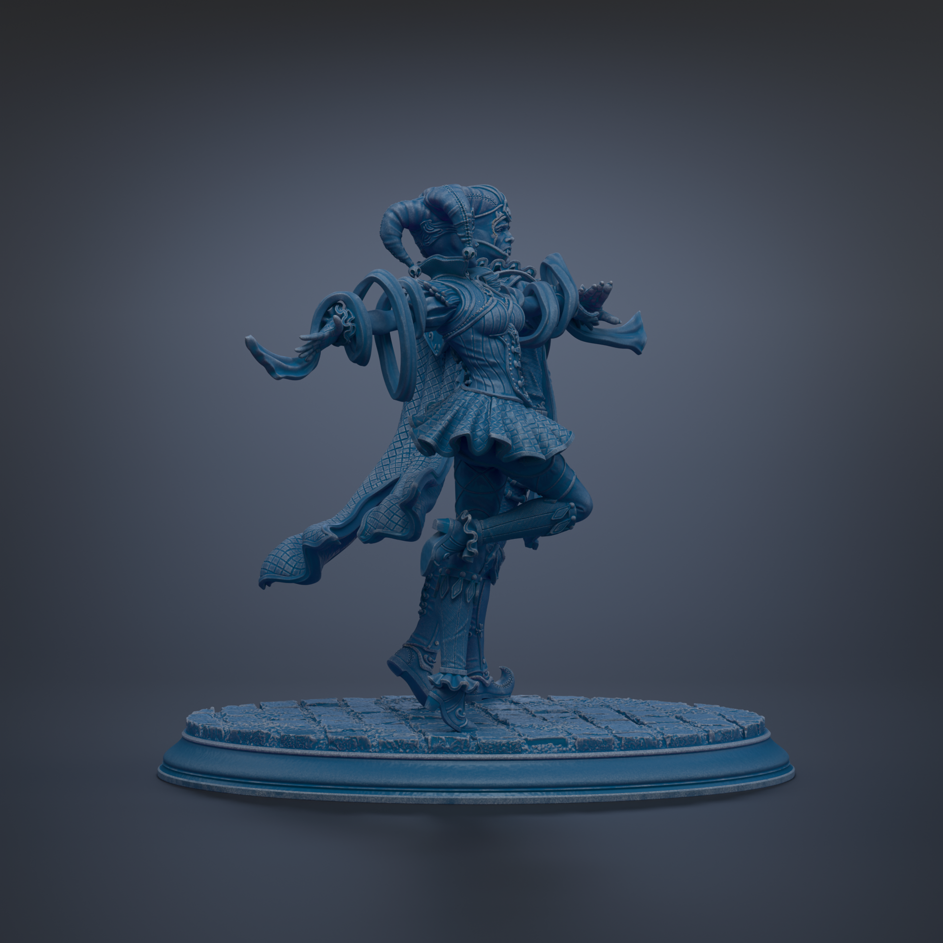 A blue statue of a figure with horns and a flowing skirt, standing on a pedestal.