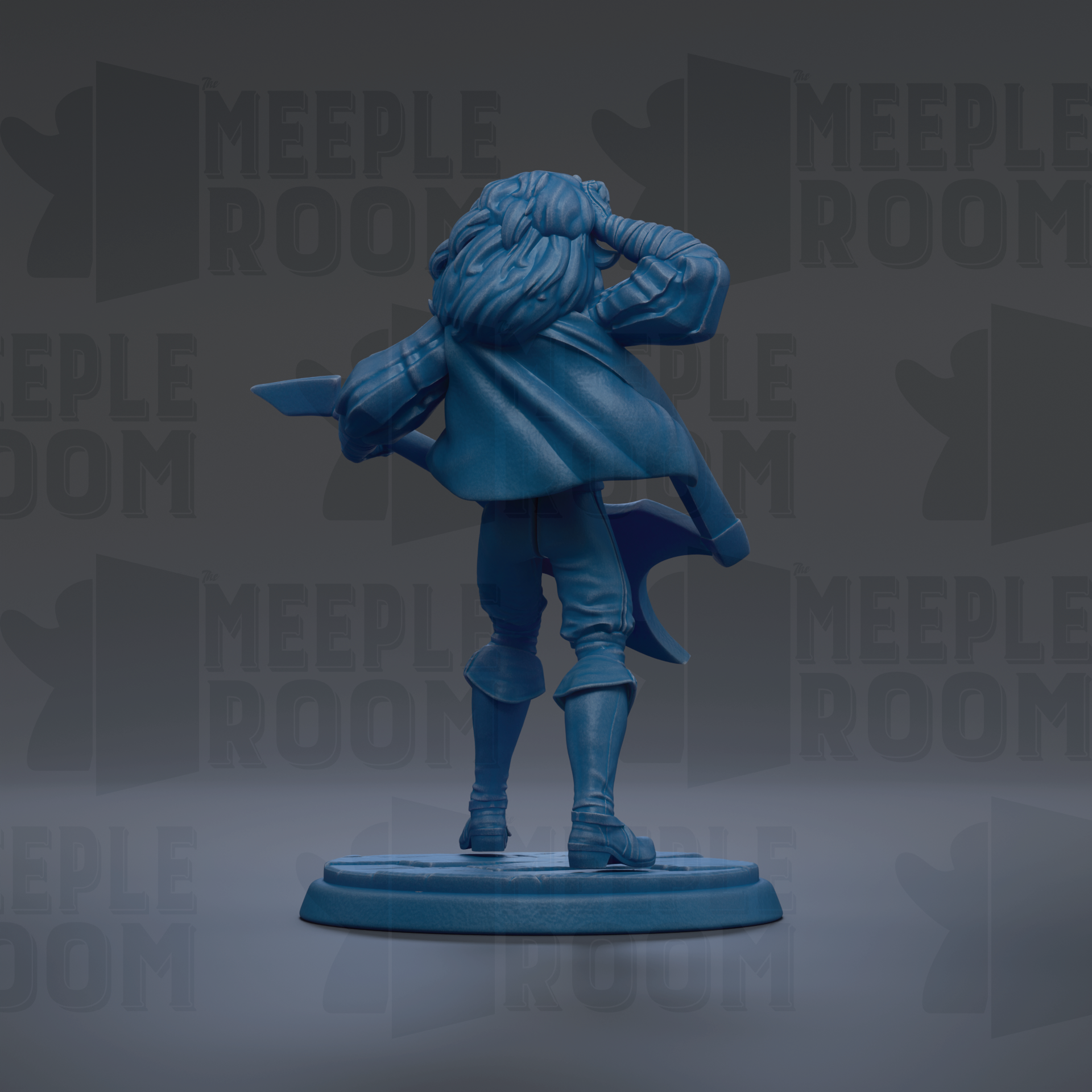 A blue figurine of a person playing a guitar, standing on a base and holding the guitar in their hands.