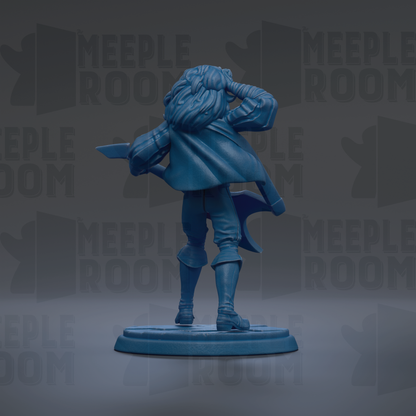 A blue figurine of a person playing a guitar, standing on a base and holding the guitar in their hands.