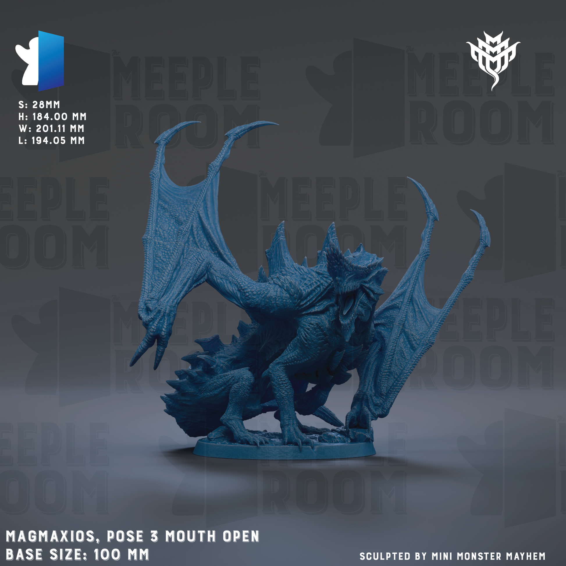 a statue of a blue dragon on a gray background