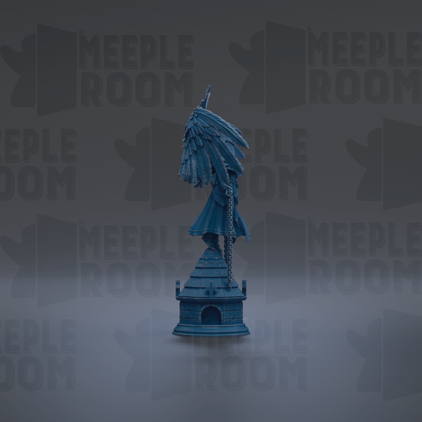 A blue statue of a winged figure stands on a small building against a dark background with repeated "MEUPLE ROOM" text.