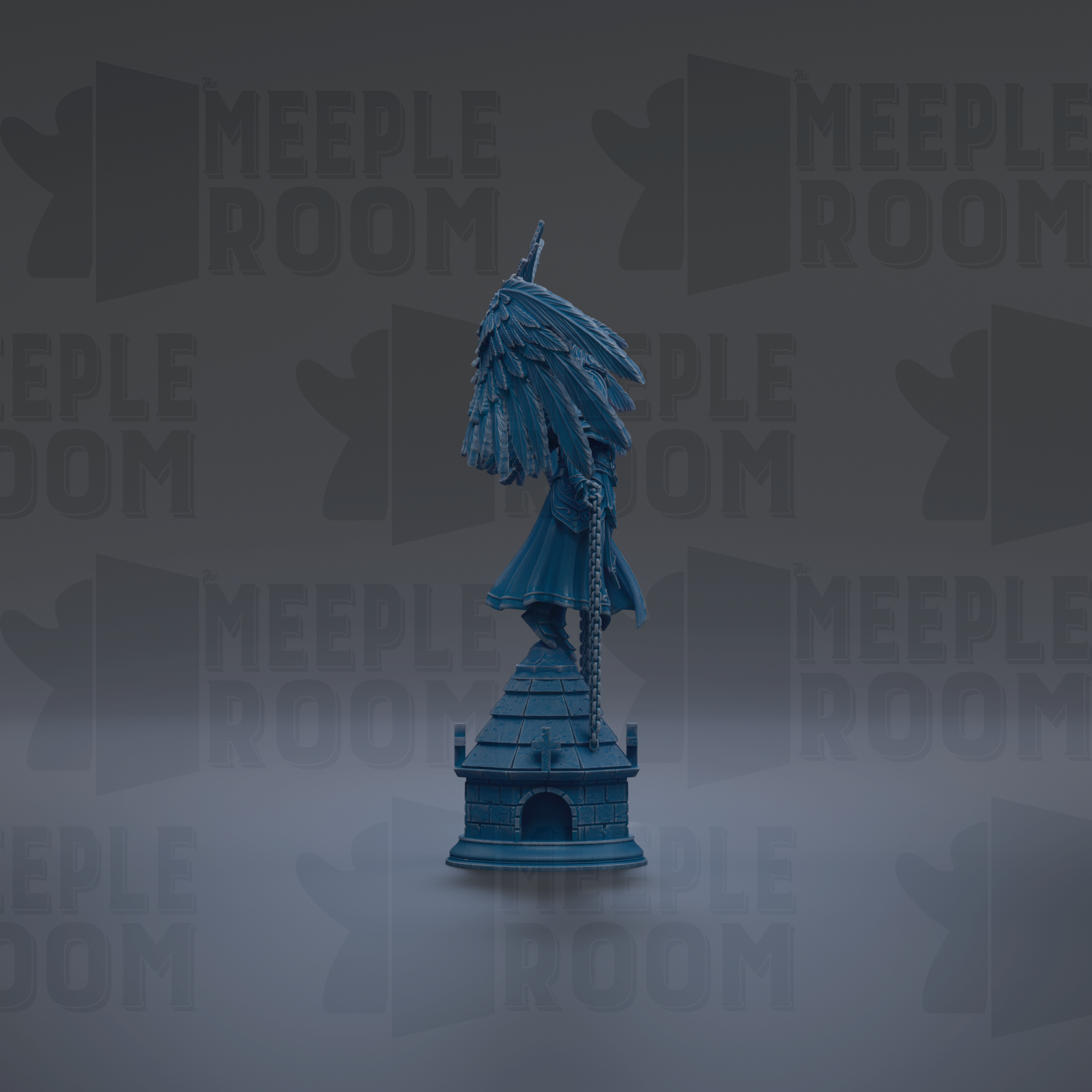 A blue statue of a winged figure stands on a small building against a dark background with repeated "MEUPLE ROOM" text.