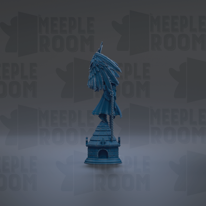 A blue statue of a winged figure stands on a small building against a dark background with repeated "MEUPLE ROOM" text.