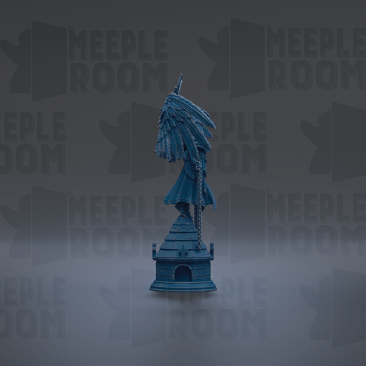 A blue statue of a winged figure stands on a small building against a dark background with repeated "MEUPLE ROOM" text.