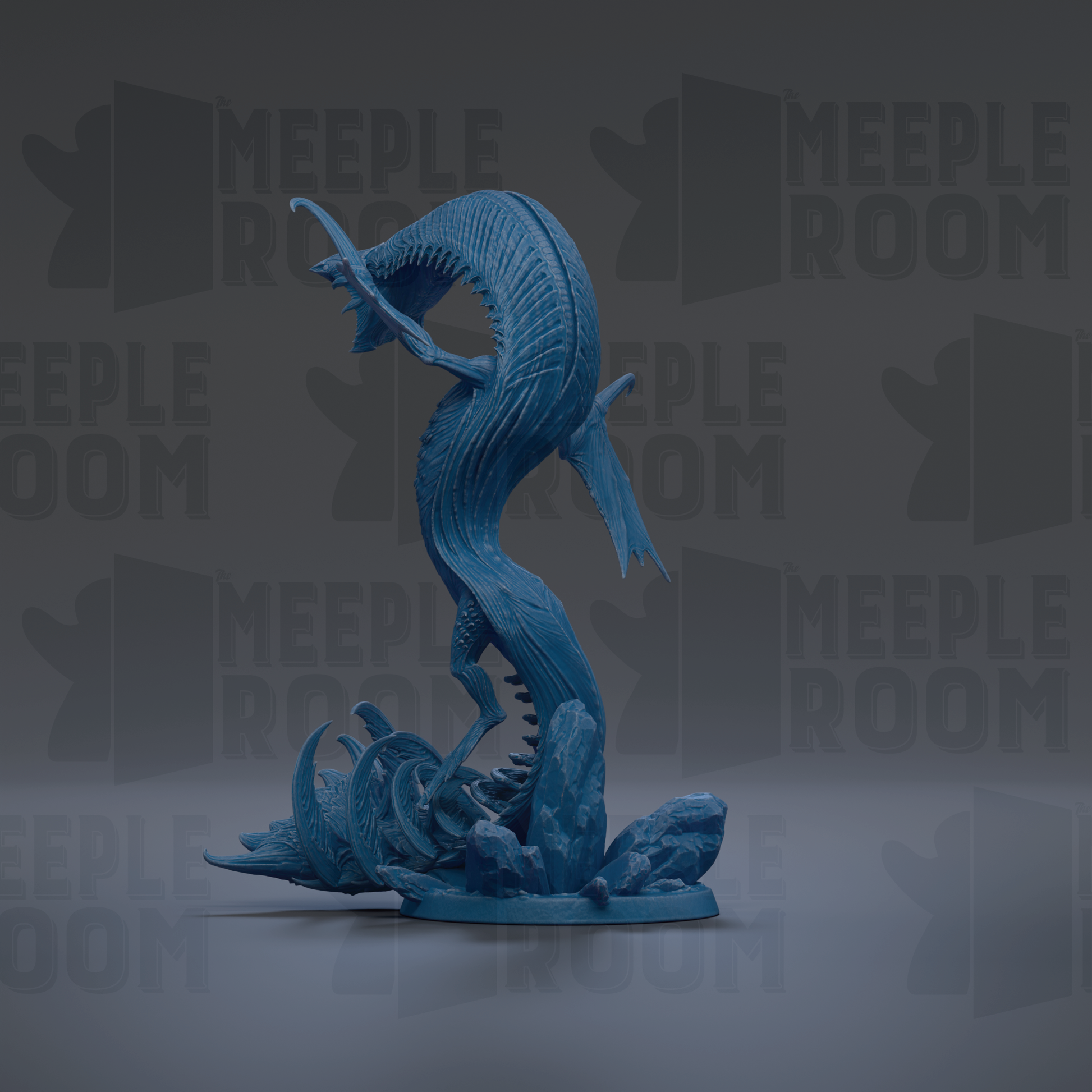 A blue, 3D-rendered dragon figurine is shown against a dark background with repeated text.