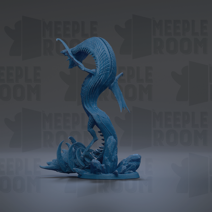 A blue, 3D-rendered dragon figurine is shown against a dark background with repeated text.