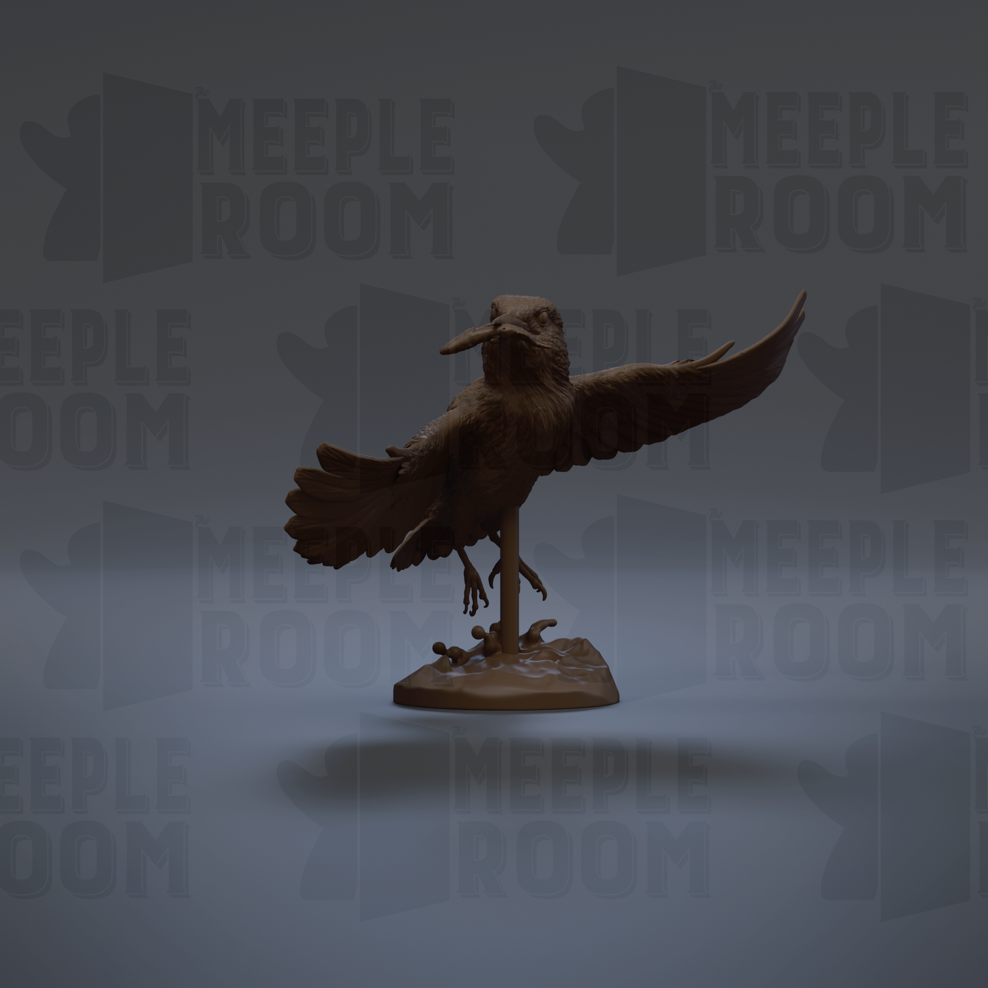 A 3D rendering of a bird statue with outstretched wings, standing on a base.