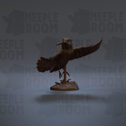 A 3D rendering of a bird statue with outstretched wings, standing on a base.