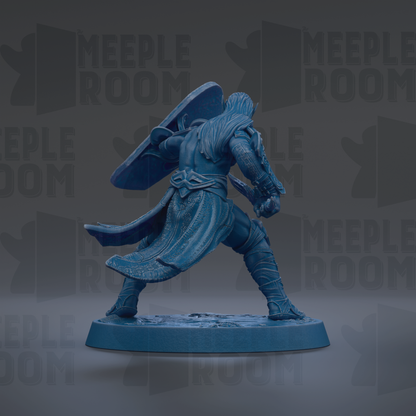 A blue figurine of a warrior figure, holding a shield and sword, is depicted in a dynamic pose against a dark background with repeated text.