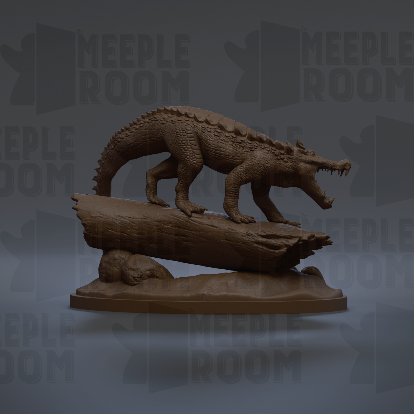 A 3D rendering of a crocodile statue on a log, with the text "MEIPLROOM" repeated in the background.