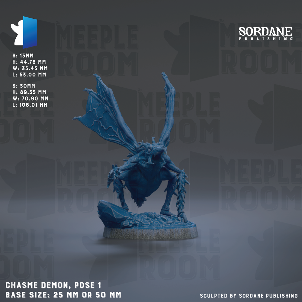 The image is a detailed model of a Chameleon Demon, a fictional creature with the ability to change its color and shape. The model is posed on a rock and is described as a 25mm or 50mm base size. The image is published by Sordane Publishing and is part of a collection of images showcasing the Chameleon Demon.