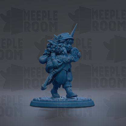 A blue figurine of a person holding a shield and a sword, standing on a base.