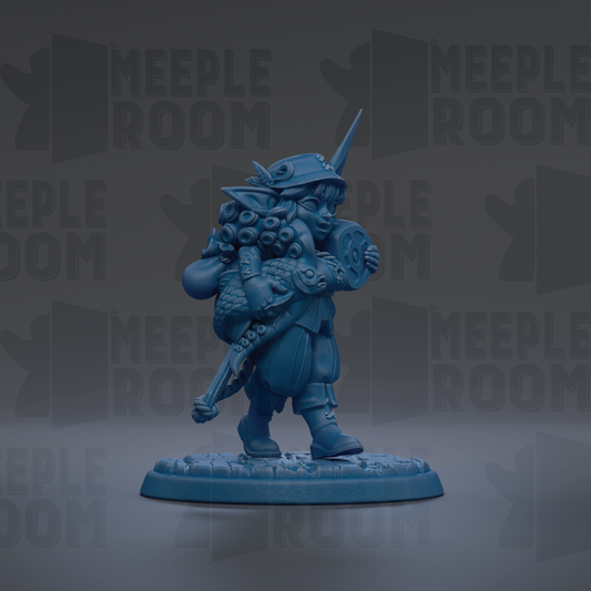 A blue figurine of a person holding a shield and a sword, standing on a base.