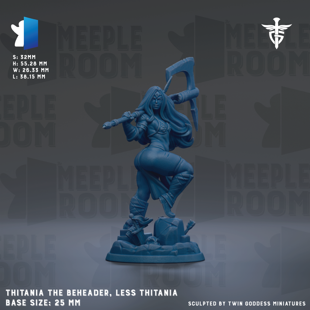 a figurine of a female character with long hair, wearing a helmet and holding a sword, standing on a rock formation. The figurine is described as "Thitania the Beheader, Less Thitania" and is shown in a base size of 25mm. The image is a collage of multiple images, and the phrase "The image depicts" is not used.