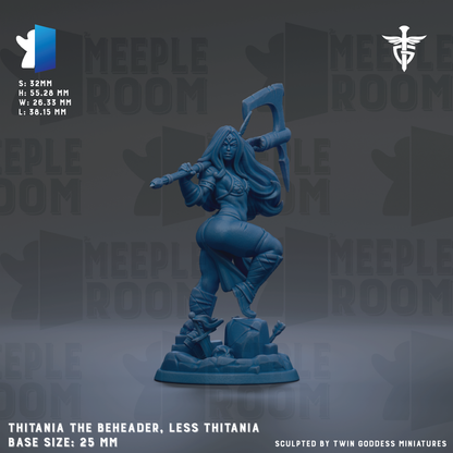 a figurine of a female character with long hair, wearing a helmet and holding a sword, standing on a rock formation. The figurine is described as "Thitania the Beheader, Less Thitania" and is shown in a base size of 25mm. The image is a collage of multiple images, and the phrase "The image depicts" is not used.