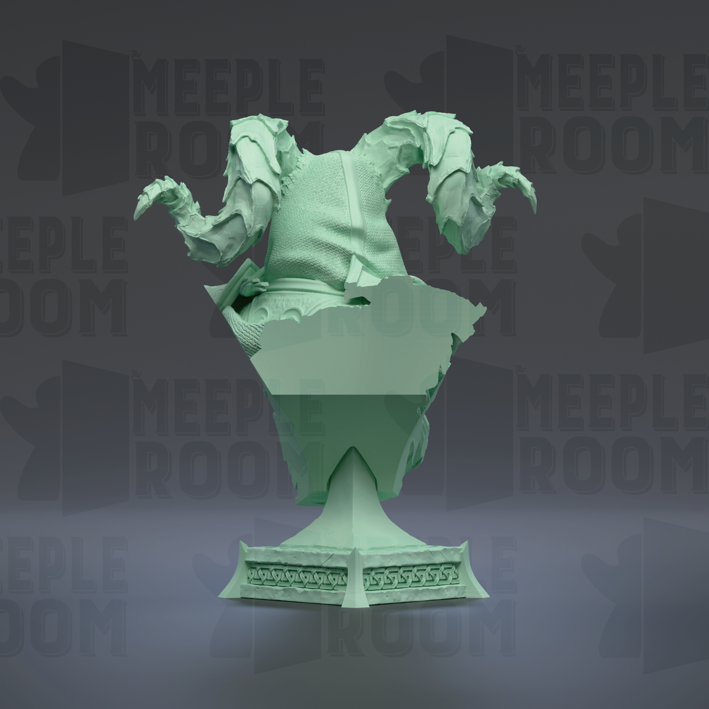 A green statue of a person with outstretched arms, standing on a pedestal.