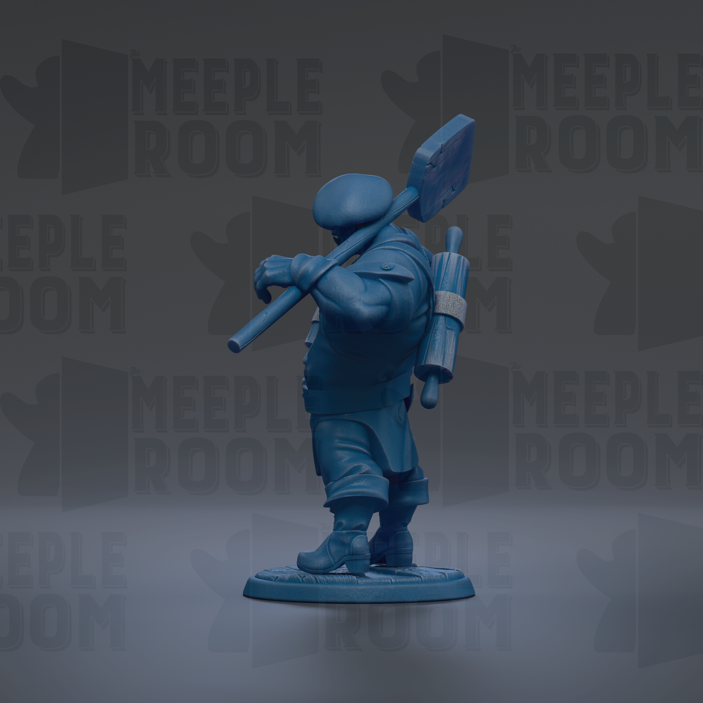 A blue figurine of a person holding a large object, possibly a tool or weapon, stands against a dark background with repeated text.