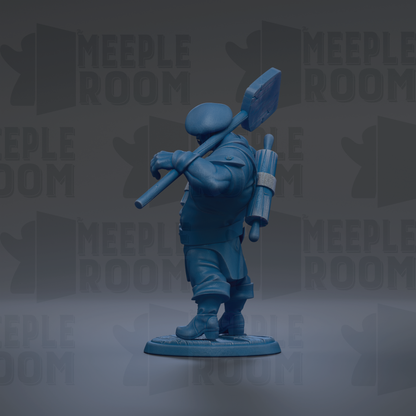 A blue figurine of a person holding a large object, possibly a tool or weapon, stands against a dark background with repeated text.