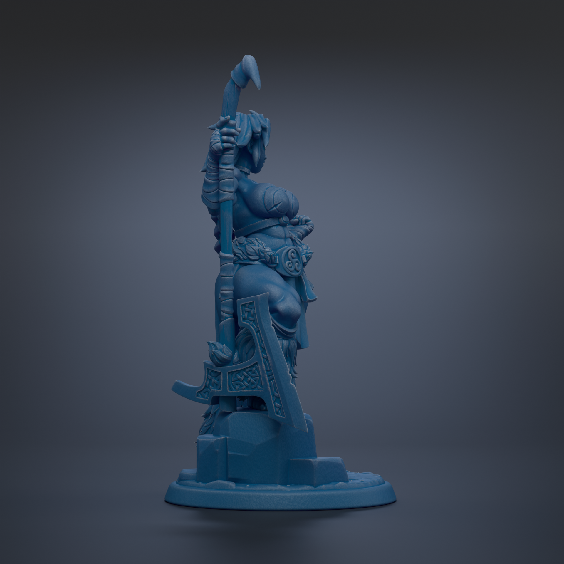 A blue figurine of a warrior standing on a pedestal, holding a weapon in one hand and a staff in the other.