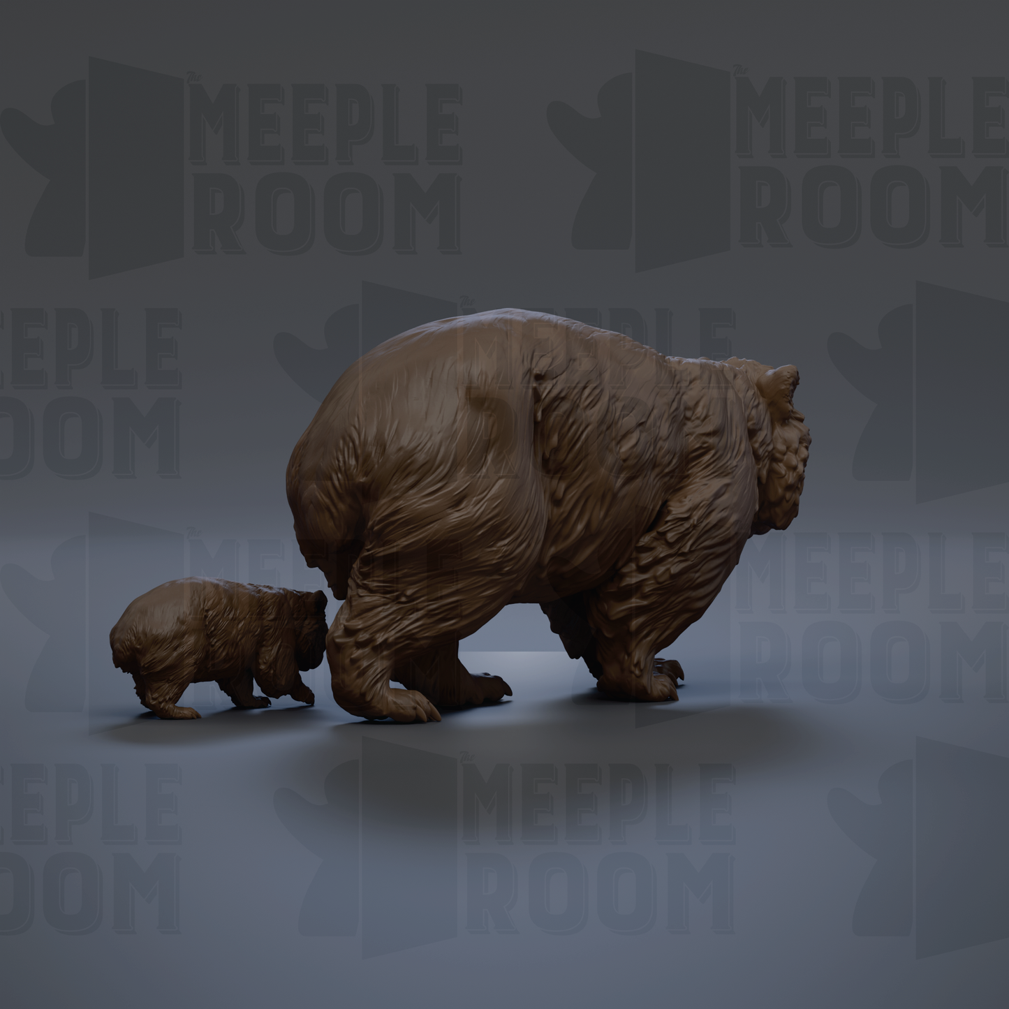 a large brown bear and a smaller bear, likely a bear cub, standing together in a room with the word "MEIPLLE ROOM" repeated in the background.