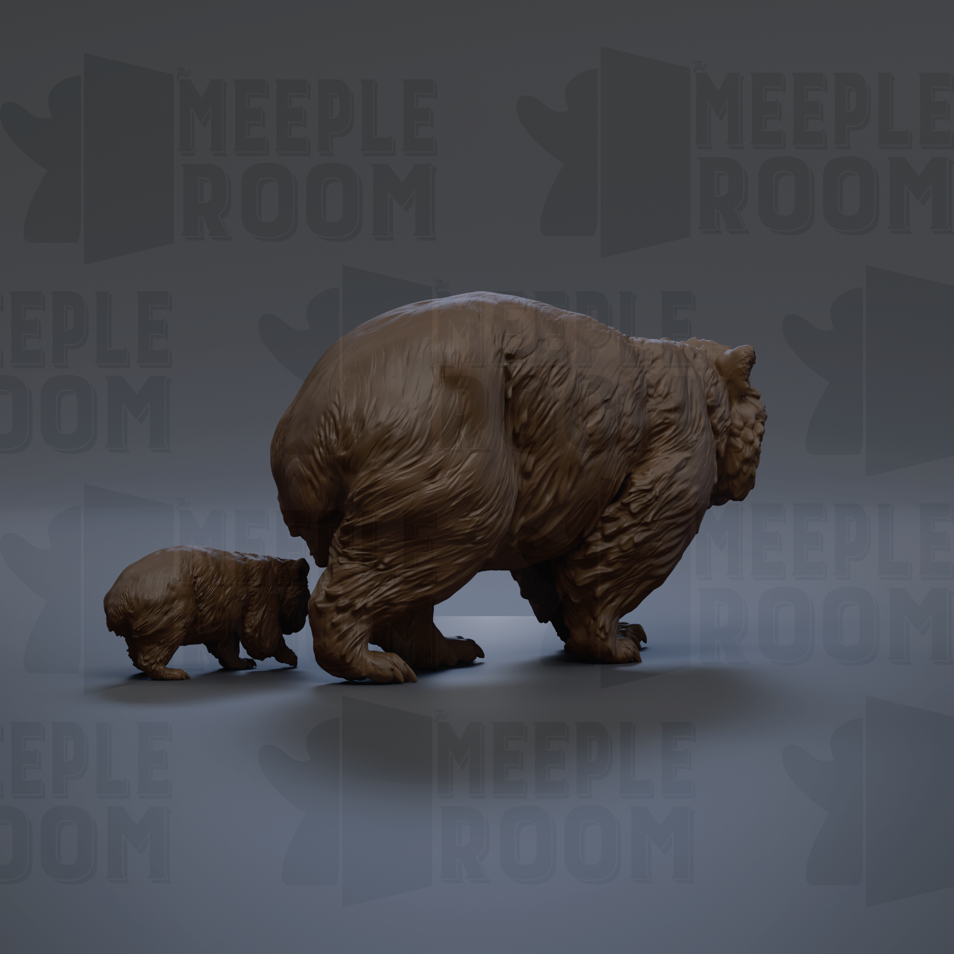 a large brown bear and a smaller bear, likely a bear cub, standing together in a room with the word "MEIPLLE ROOM" repeated in the background.