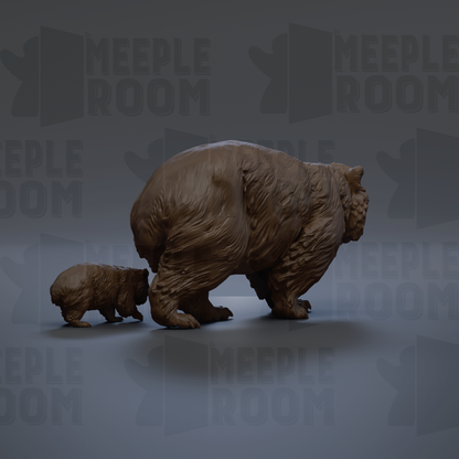 a large brown bear and a smaller bear, likely a bear cub, standing together in a room with the word "MEIPLLE ROOM" repeated in the background.