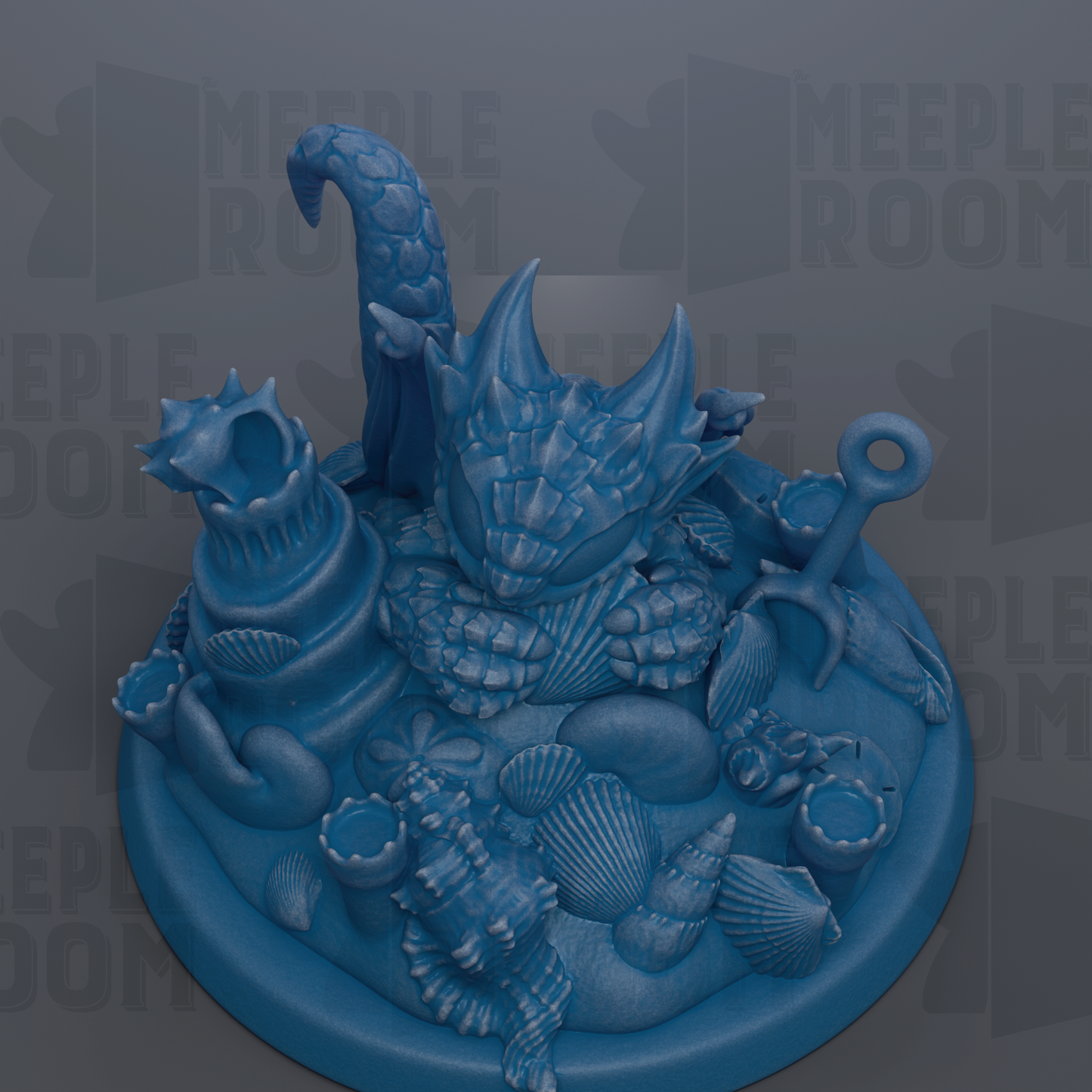 A blue, 3D-rendered figurine depicting a fantastical creature surrounded by various marine elements, such as shells and seaweed.