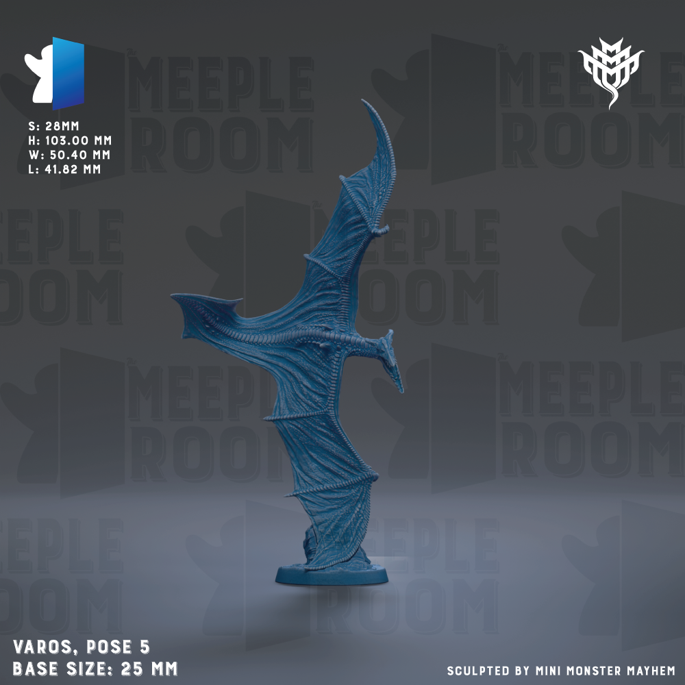 a blue dragon figurine with wings spread, standing on a base. The dragon is the main subject of the image, and it is described as a "Varo" and "pose 5" in the provided text. The base size of the figurine is 25mm.