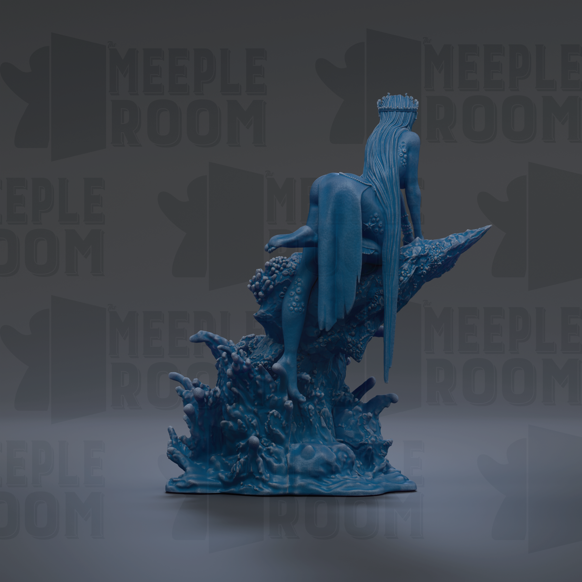 A blue, 3D-rendered mermaid statue is shown against a dark background with repeated text.