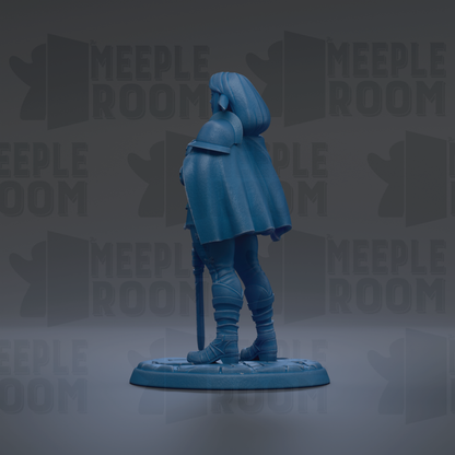 A blue figurine of a person standing on a base, with the text "MEEPLE ROOM" repeated in the background.