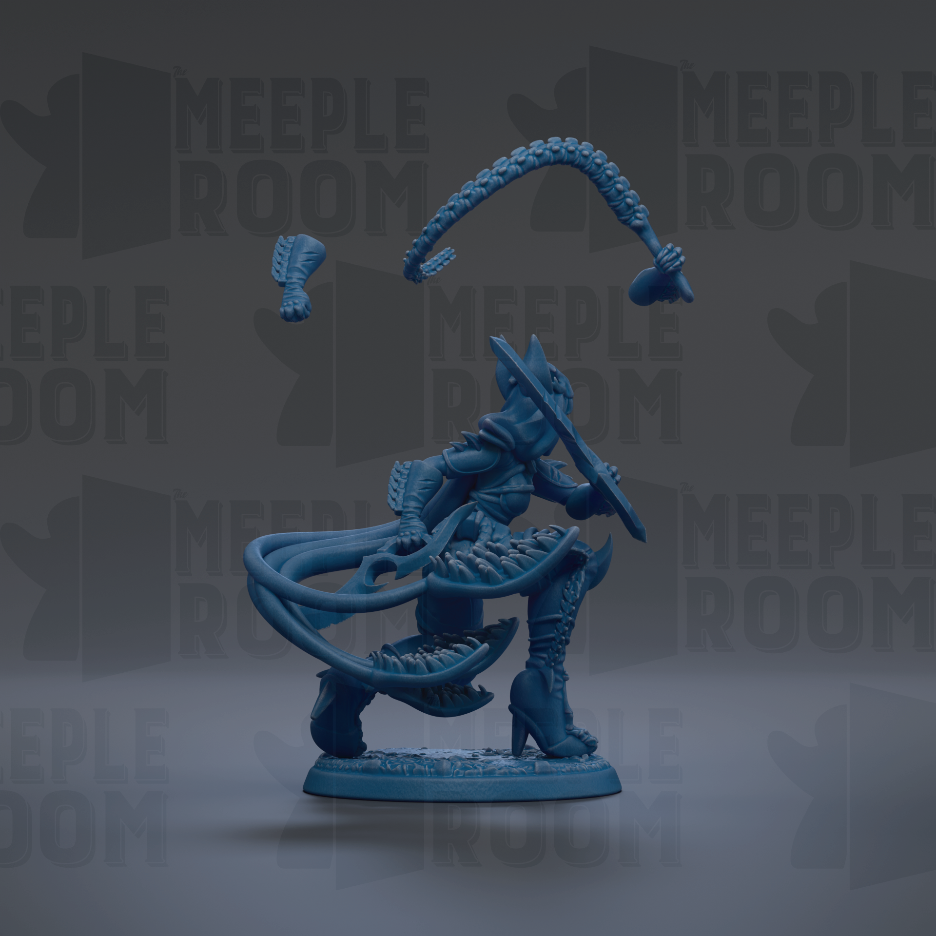 A blue figurine of a character with a sword and a large tentacle, set against a dark background with repeated text.