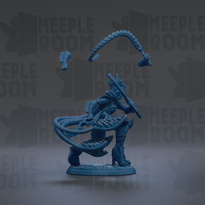 A blue figurine of a character with a sword and a large tentacle, set against a dark background with repeated text.