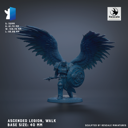 a blue armored figure with wings, standing on a base and holding a shield. The figure is described as an "ascended Legion, walk" and is "sculpted by Rescue miniatures".