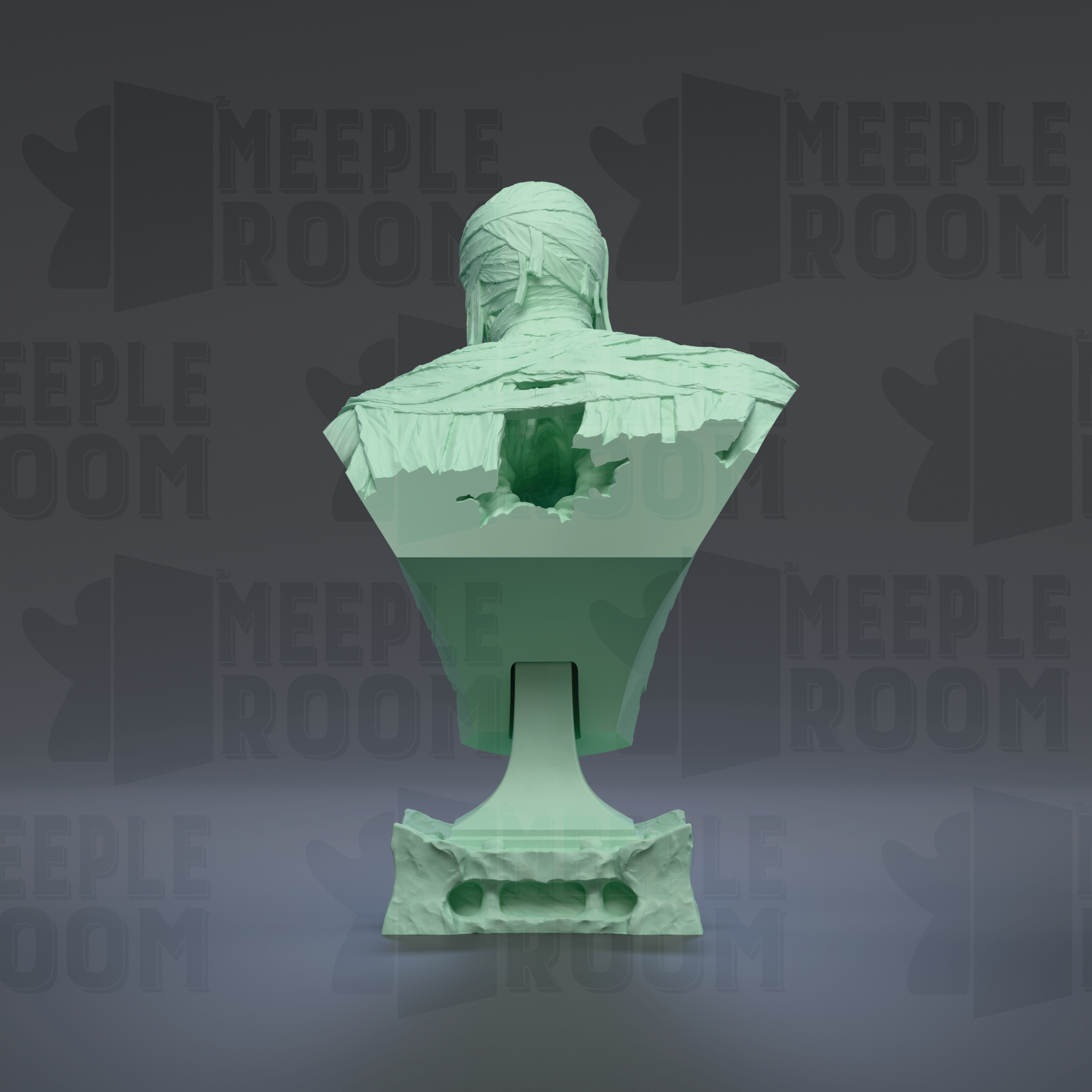 A green bust sculpture with a torn and damaged appearance, set against a dark background with repeated text.