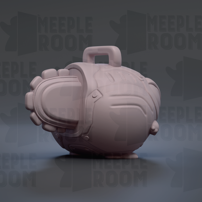 A 3D rendering of a futuristic helmet or helmet-like object, with a curved shape and a handle on top.
